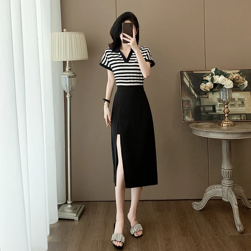 欧货气质时尚套裙女夏时尚减龄条纹v领短袖上衣黑色半身裙两件套