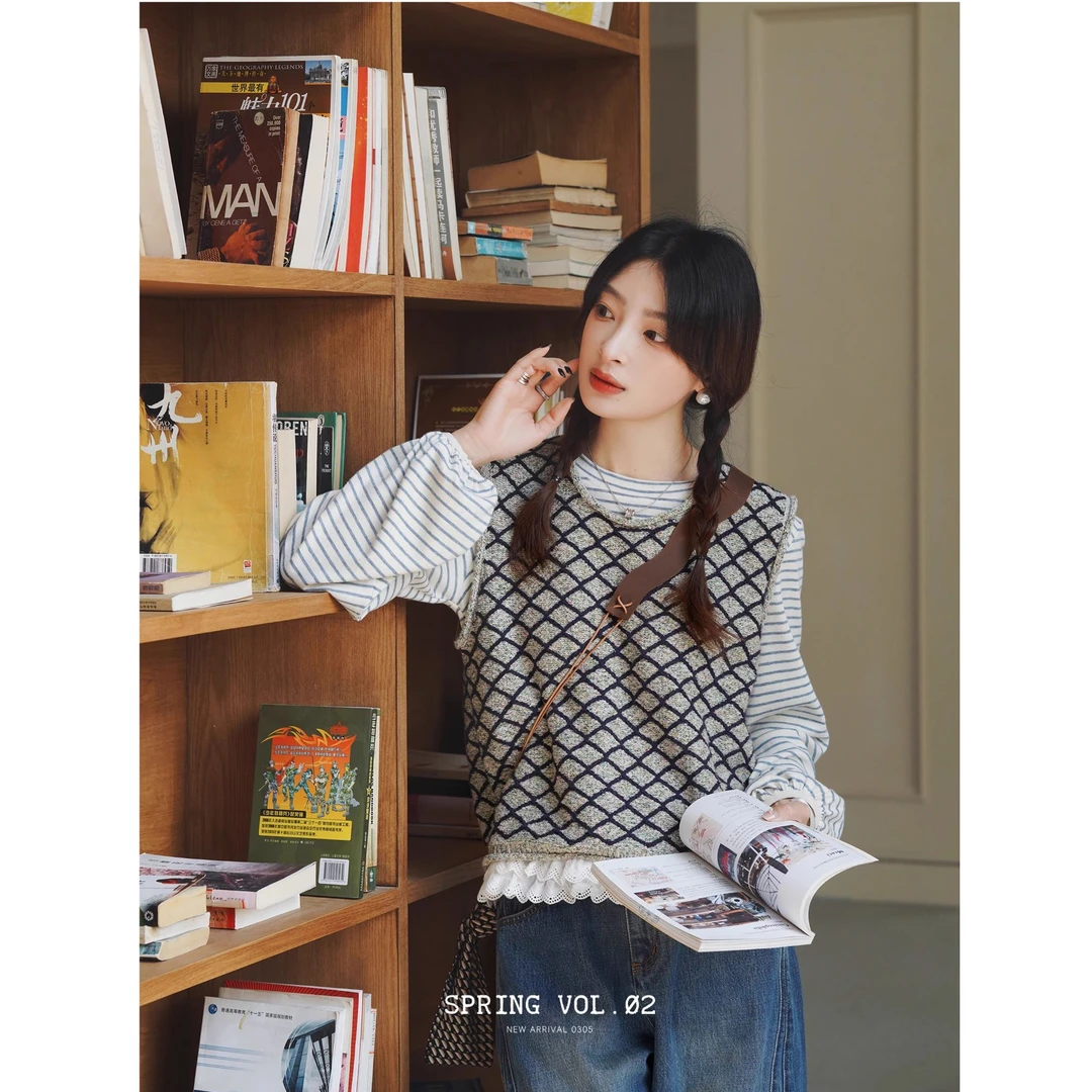 「白描工作间」"波西塔塔"UPW亚麻棉菱格提花U领针织马甲叠穿背心