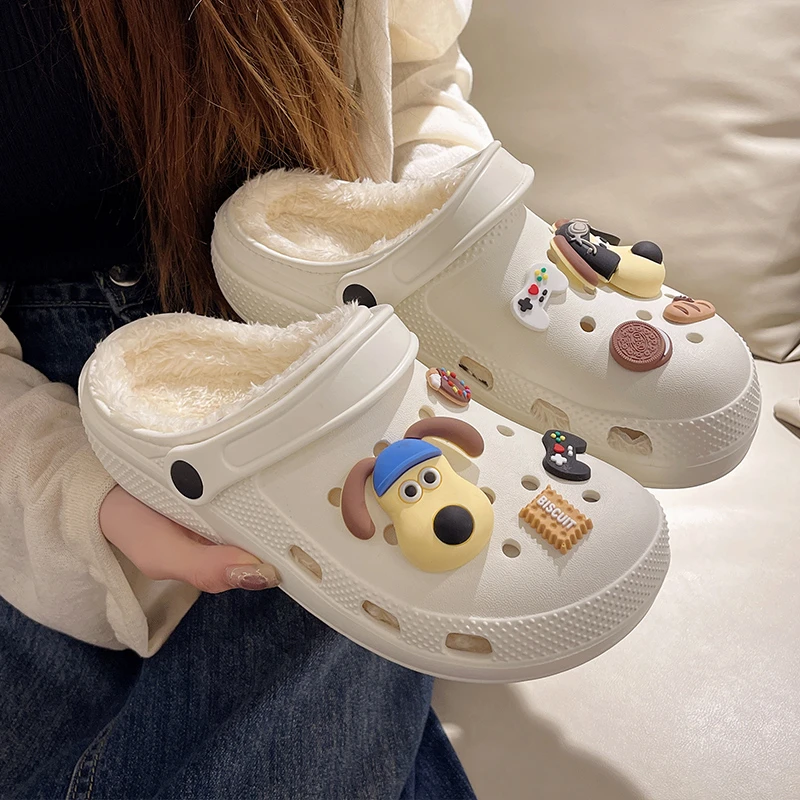 日本GP加绒洞洞鞋女秋冬季可爱卡通厚底防滑情侣保暖棉拖居家外穿