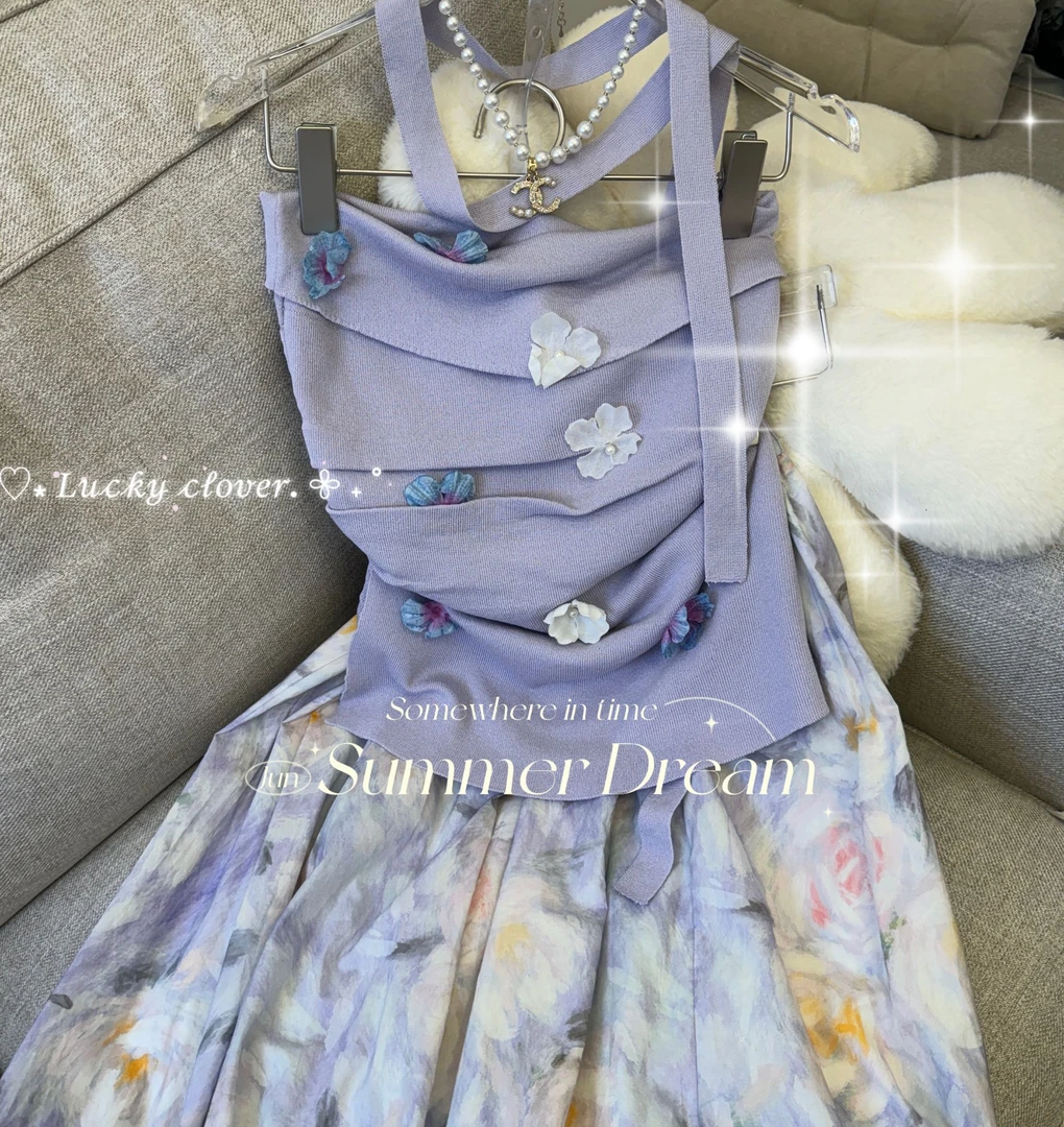 ZHUZHU 原创钉珠抹胸针织上衣油画风扎染设计感花苞裙套装【557】