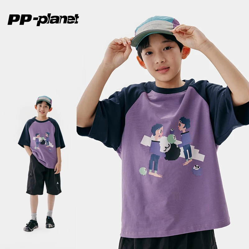 PP星球儿童马赛克时髦印花短袖T恤中大童夏新款t男孩撞色休闲体恤