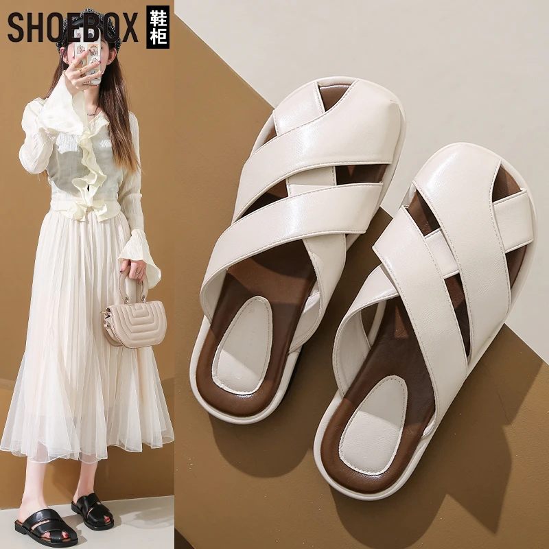 SHOEBOX鞋柜包头半拖鞋女外穿时尚懒人凉拖2025夏季新款穆勒拖鞋