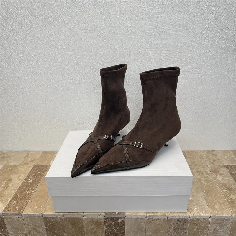 美拉德复古尖头猫跟弹力瘦瘦靴女秋冬单靴子时尚气质低跟套筒短靴