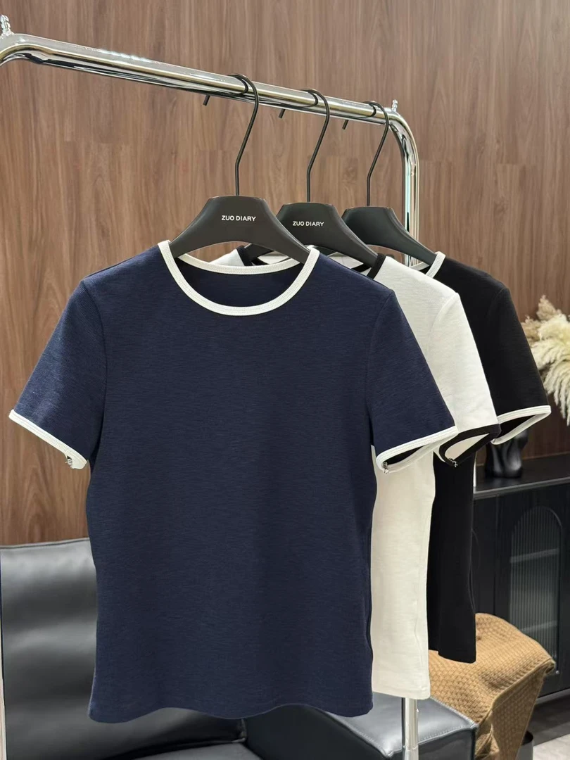 【赵老板-青岚】撞色包边拼接四面高弹修身立体短袖T