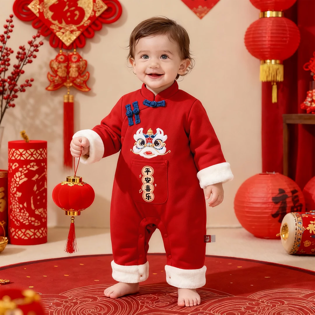 【潘先生高定】狮狮如意婴儿拜年服中式过年喜庆夹棉加厚棉服连体衣