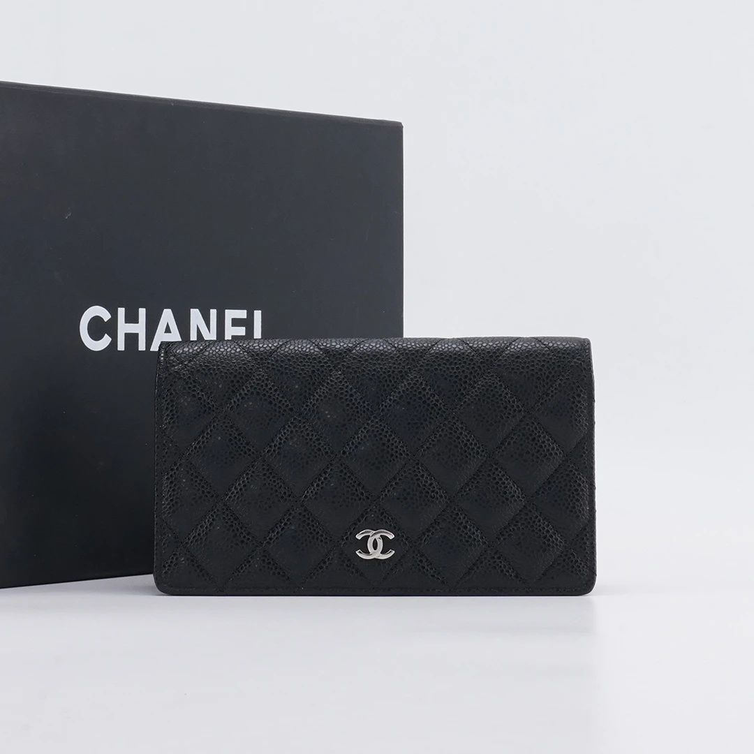 95新 Chanel/香奈儿 【诗诗】香奈儿 对折钱包长款荔枝纹黑银
