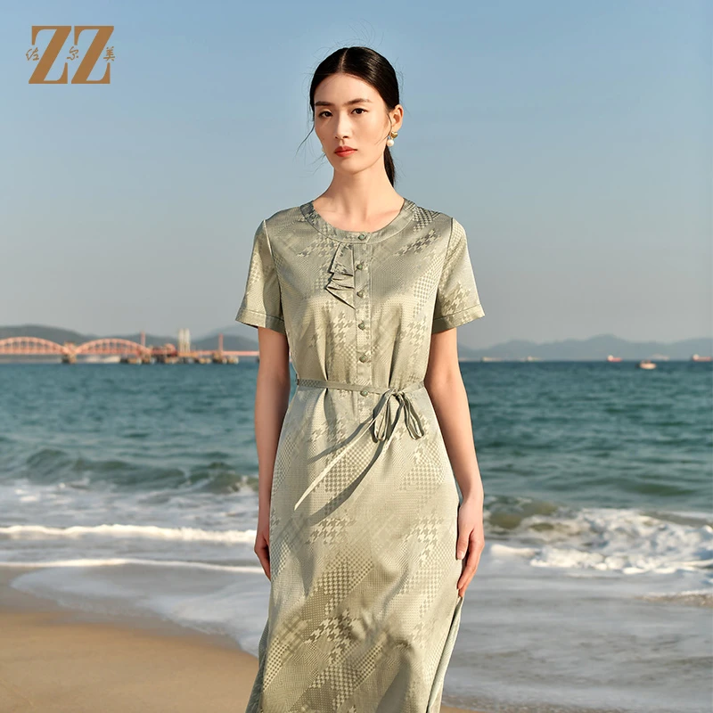 佐尔美夏季新款休闲时尚桑蚕丝真丝短袖连衣裙裙子女E32LS39