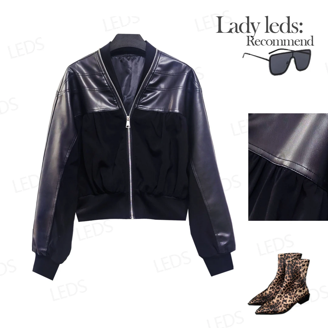 LEDS S563早春新款气质百搭拼接拉链领短夹克外套