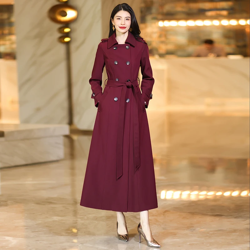 长款修身型常规纯色翻领系带风衣显瘦收腰大衣休闲风女装春秋新款