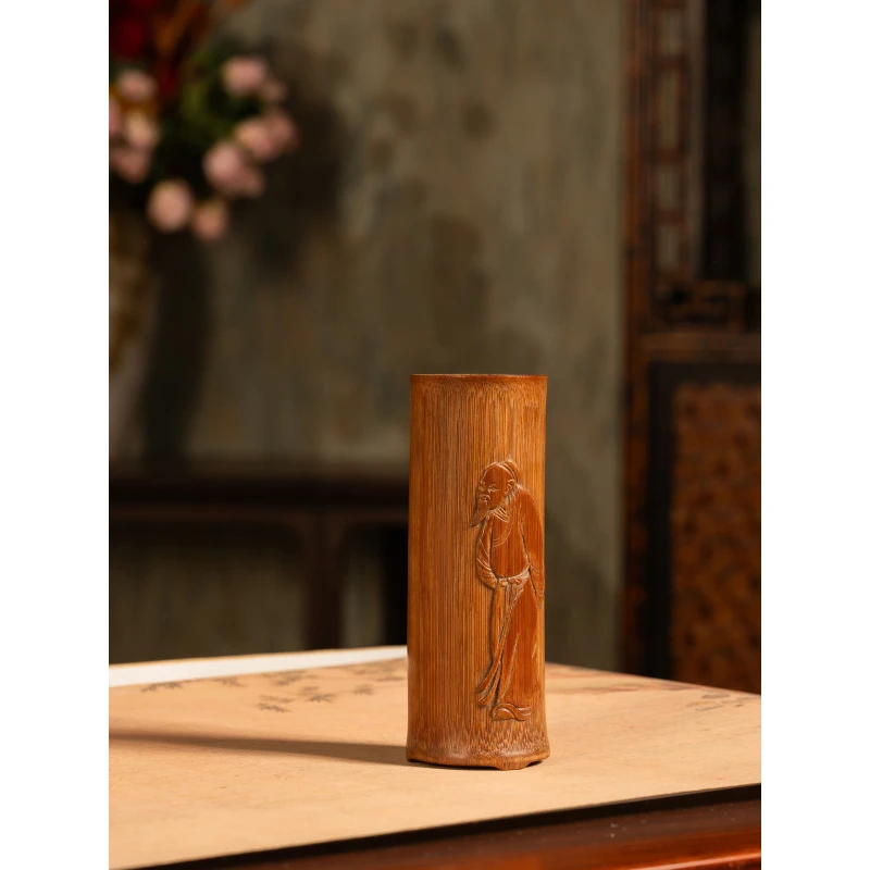 清竹雕人物三足笔筒古董收藏