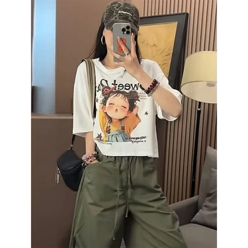 美式休闲卡通印花T恤女2025夏季新款宽松外穿oversize打底衫上衣