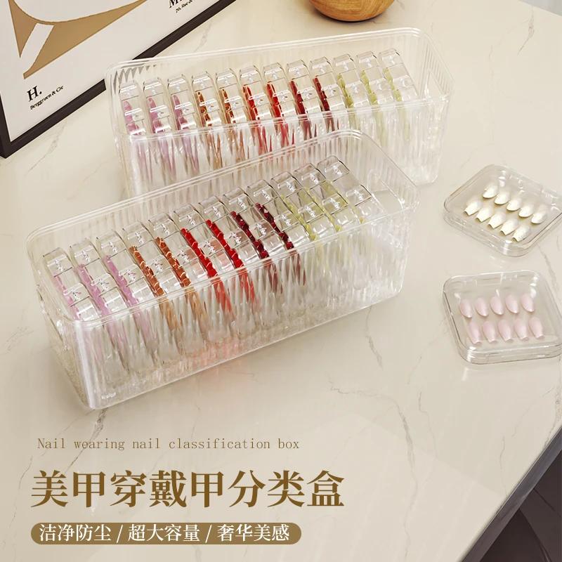 美甲穿戴甲收纳盒桌面化妆品粉扑透明塑料整理盒吧唧亚克力置物架