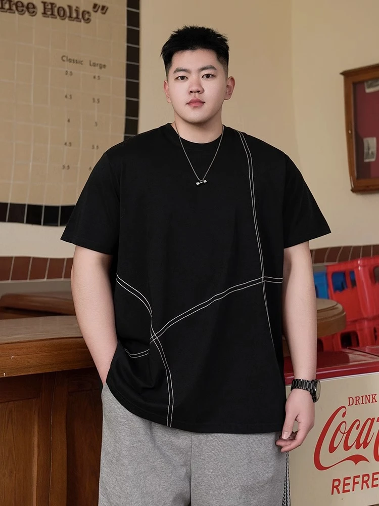 潮牌大码男装纯色纯棉T恤男款休闲半袖宽松圆领上衣黑色重磅短袖