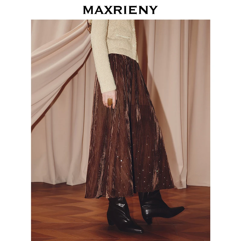 MAXRIENY乡村巴恩风穿搭烫钻丝绒散摆半裙25秋款高腰垂感中长裙