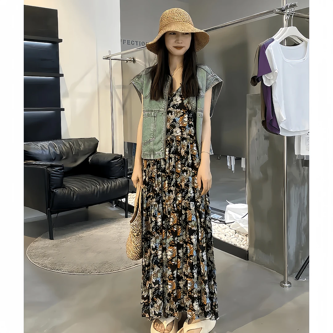 大码女装连衣裙短袖吊带裙夏季马甲外套遮肚子减龄长款夏装长裙