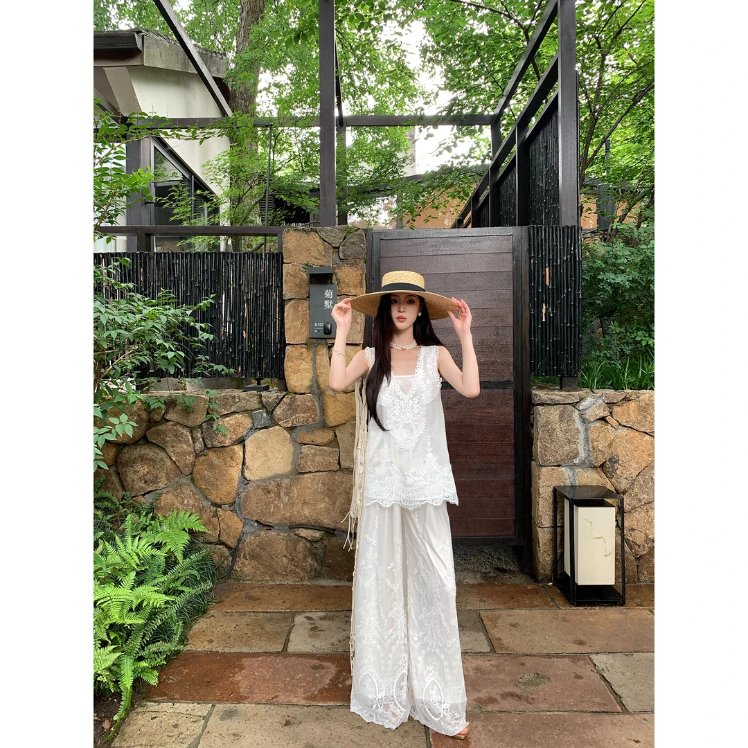 ICELOLLY法式高腰蕾丝休闲阔腿裤女2025夏季白色薄款长裤子小个子