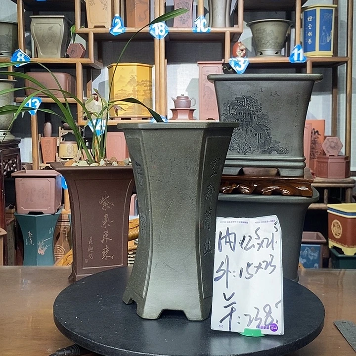 紫砂花盆天青泥六方精工