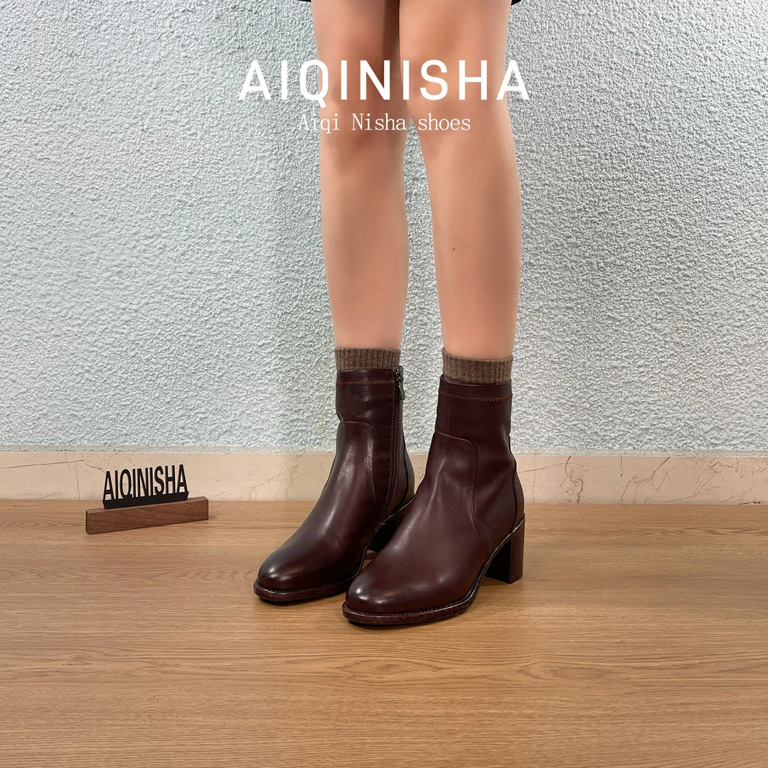 法式短筒秋冬骑士靴马丁靴短筒女靴复古舒适粗跟百搭短靴女