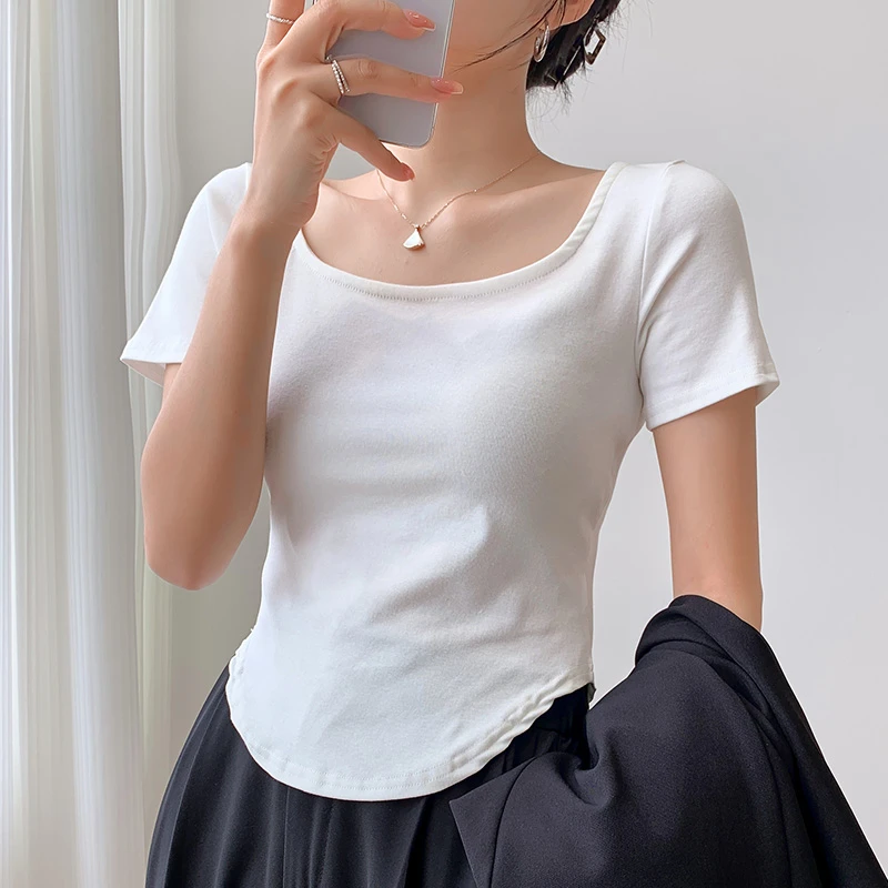 法式方领短袖T恤女2025新款夏季正肩短款弧形下摆显瘦半袖上衣服