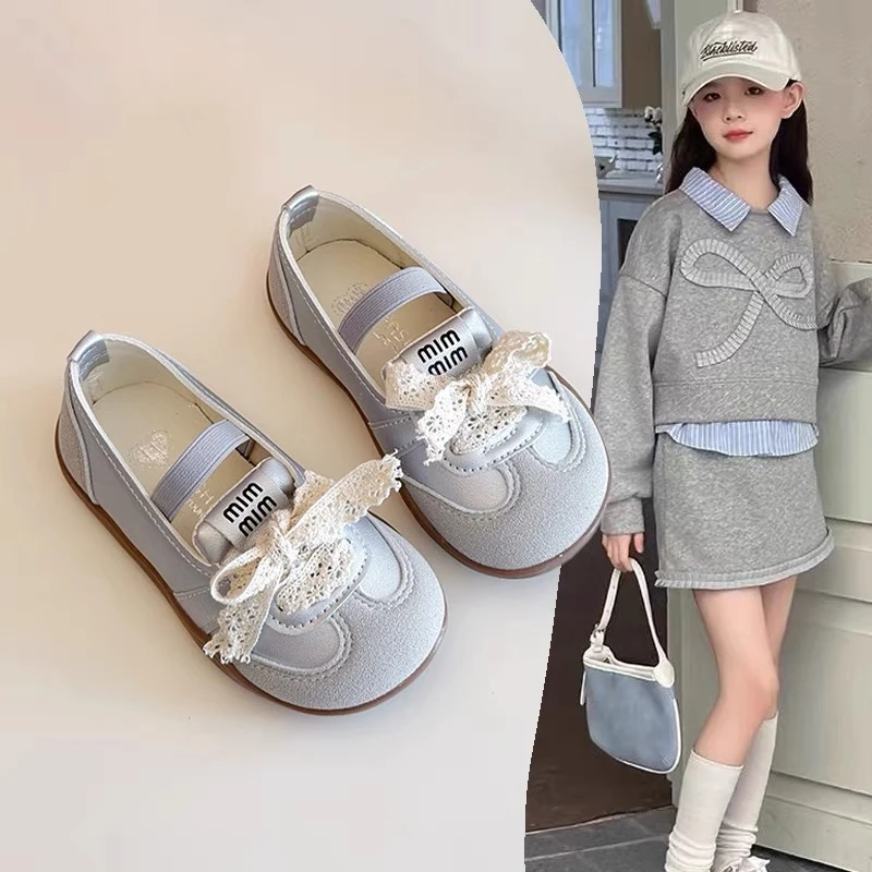女童运动鞋2025春秋新款儿童蕾丝浅口公主鞋德训鞋一脚蹬软底单鞋