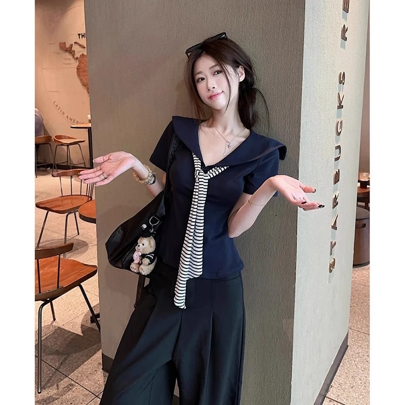 2025时尚百搭短袖染色海军领T恤收腰高智淡人风