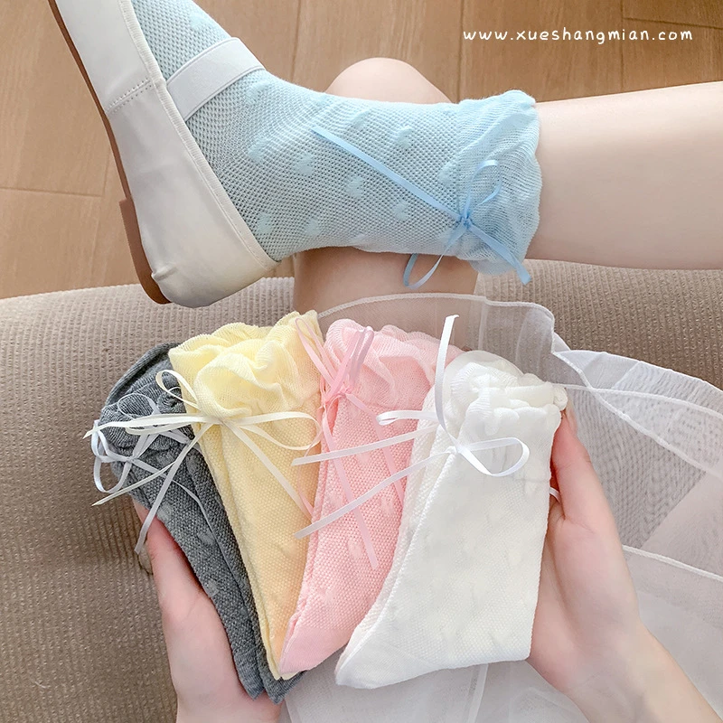 丝带蝴蝶结袜子女春夏薄款堆堆棉袜一体机花边洛丽塔可爱少女棉袜