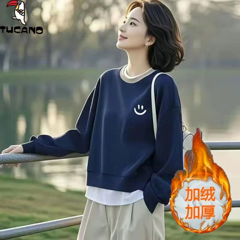 啄木鸟卫衣女秋冬假两件加绒加厚外套韩版宽松印花套头上衣服潮