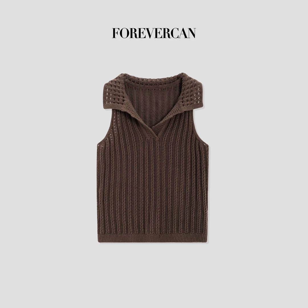 FOREVERCAN“半糖摩卡”复古镂空针织翻领无袖背心上衣 MY4020