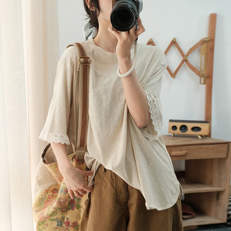 素凡卡夏季新款森系甜美圆领袖子花边拼接百搭显瘦棉质T恤10060
