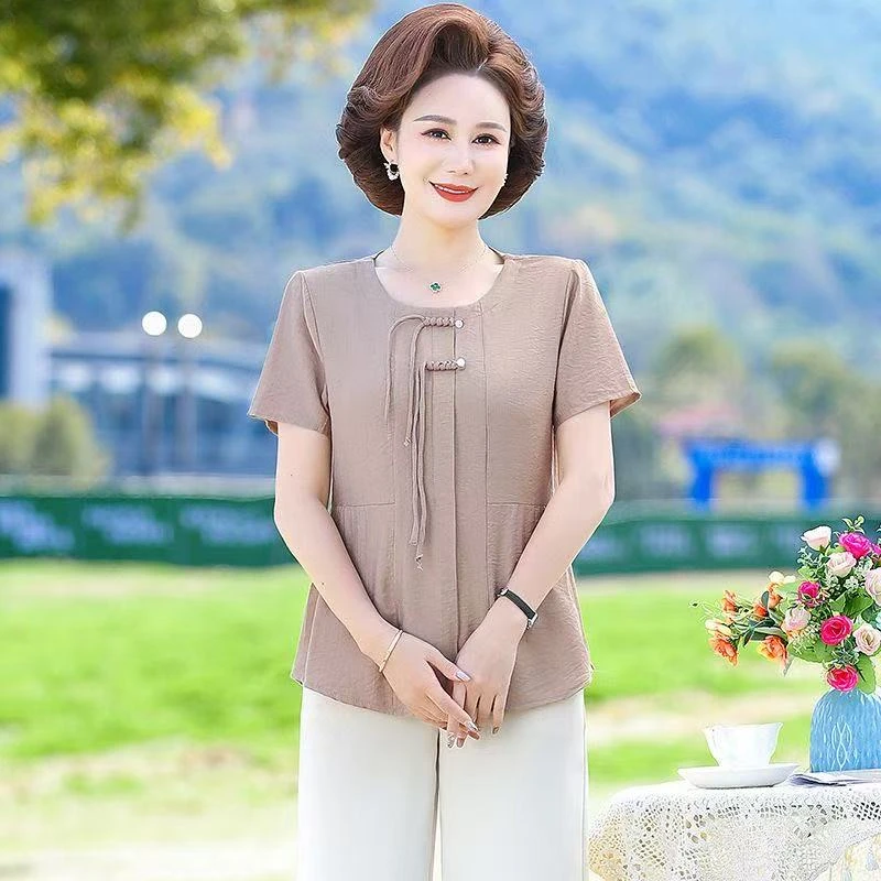8100-中老年夏季新款大码洋气宽松中国风短袖衬衫上衣【14-2-2】