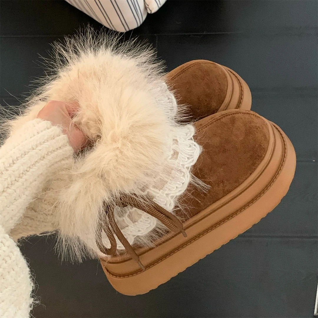 细细条 冬季款外穿加绒保暖舒适雪地靴女厚底增高费尔岛毛毛短靴