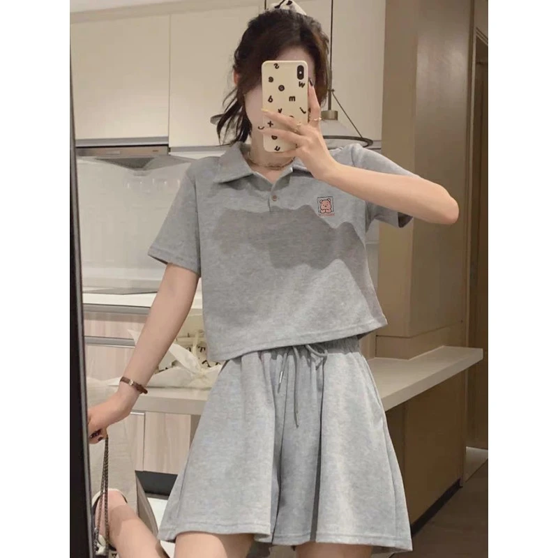 灰色Polo衫短袖短裤运动套装女夏季薄款棉宽松小个子休闲两件套