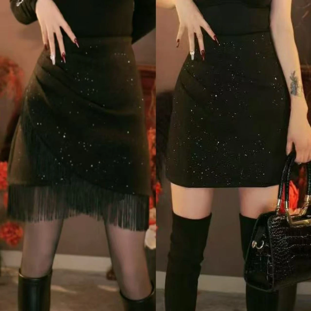 谢9549A字半身裙女新款毛呢加厚高腰星空亮片流苏时尚百搭短裙