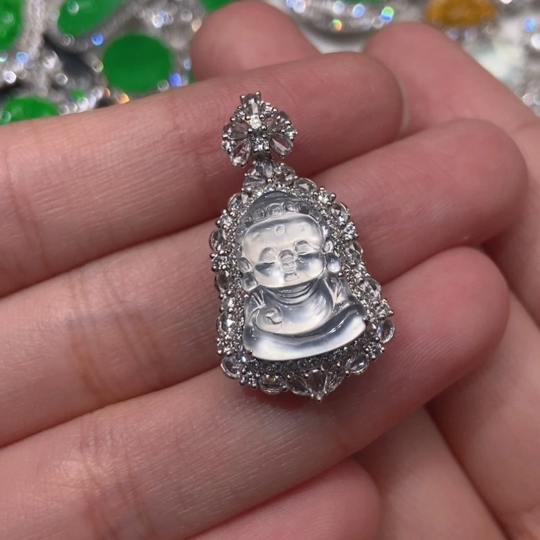 翡翠18K金镶嵌吊坠(不含链)天然缅甸A货翡翠