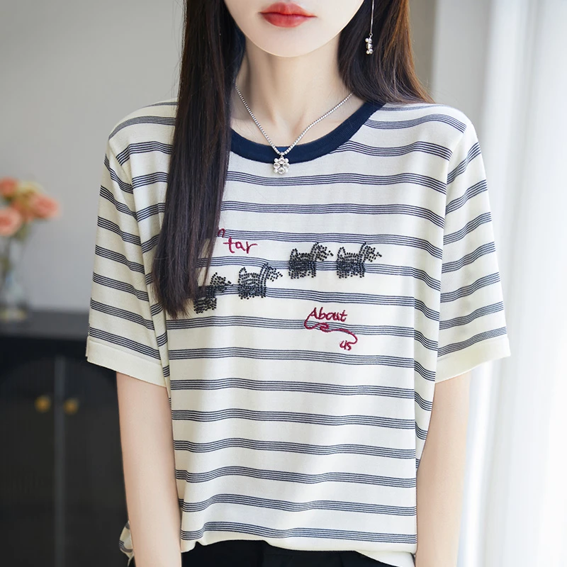 【莱赛尔100】休闲风女宽松型短袖刺绣毛针织衫宽松韩版印花极简风