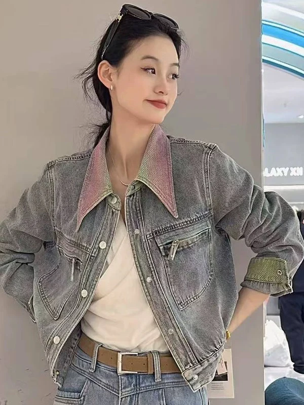 短款春季水洗宽松重工女百搭单排扣短外套口袋春款秋季翻领5A8811