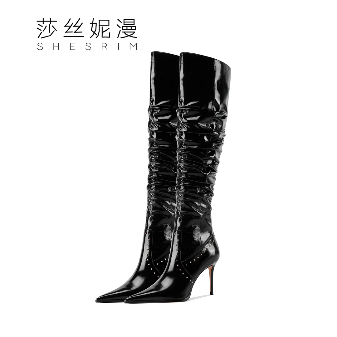 F04-尖头细跟高筒女冬季时尚长筒堆堆铆钉过膝长靴