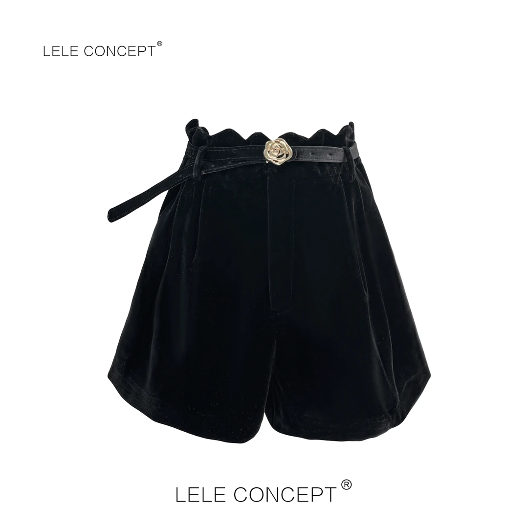 LELE CONCEPT｜【如一】法式波浪玫瑰腰带轻职高级感丝绒短裤K0316