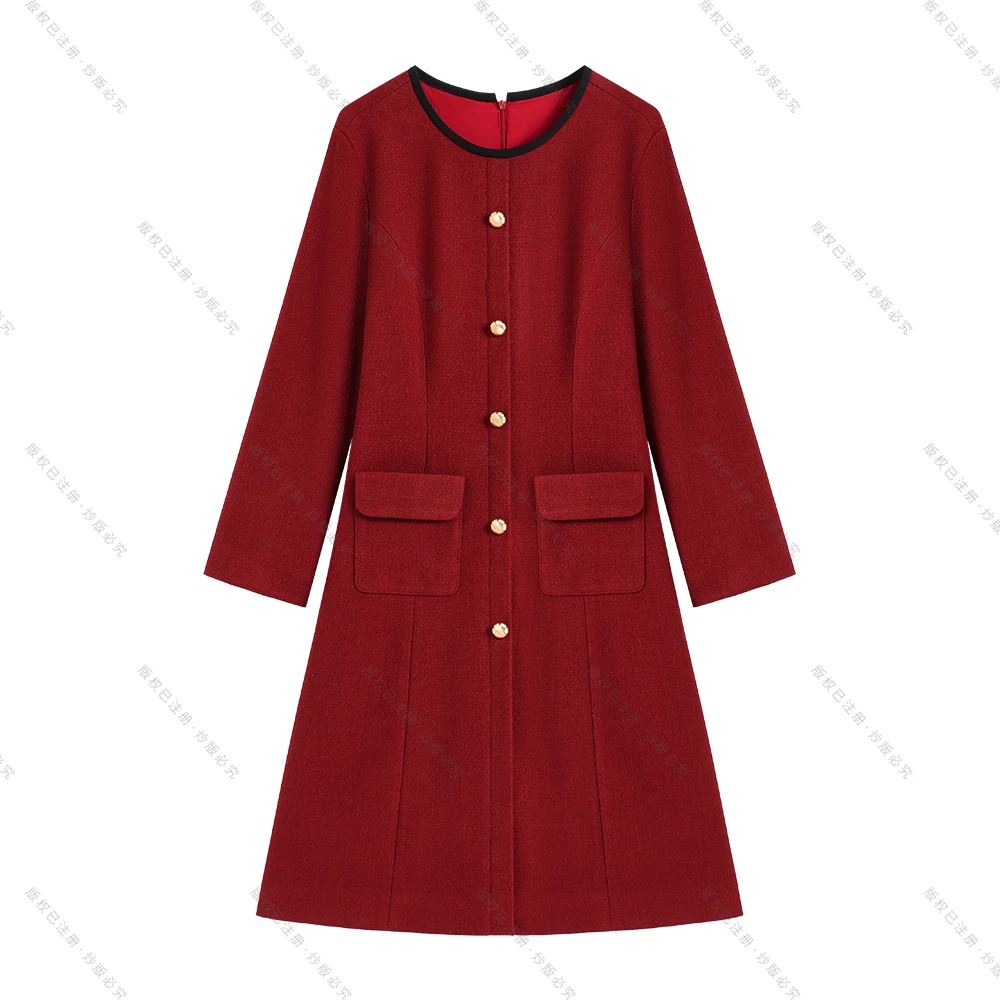 【南油虹姐】秋冬新款法式优雅风显瘦拼接单排口设计连衣裙3125