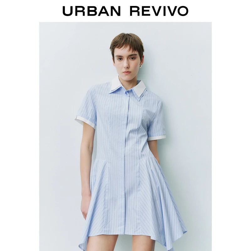UR2025春季新款女装撞色条纹Polo领短袖连衣裙UYU750001