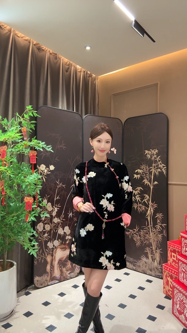 婷姐专属【繁花似锦】连衣裙2025新款新中式真丝丝绒重工刺绣