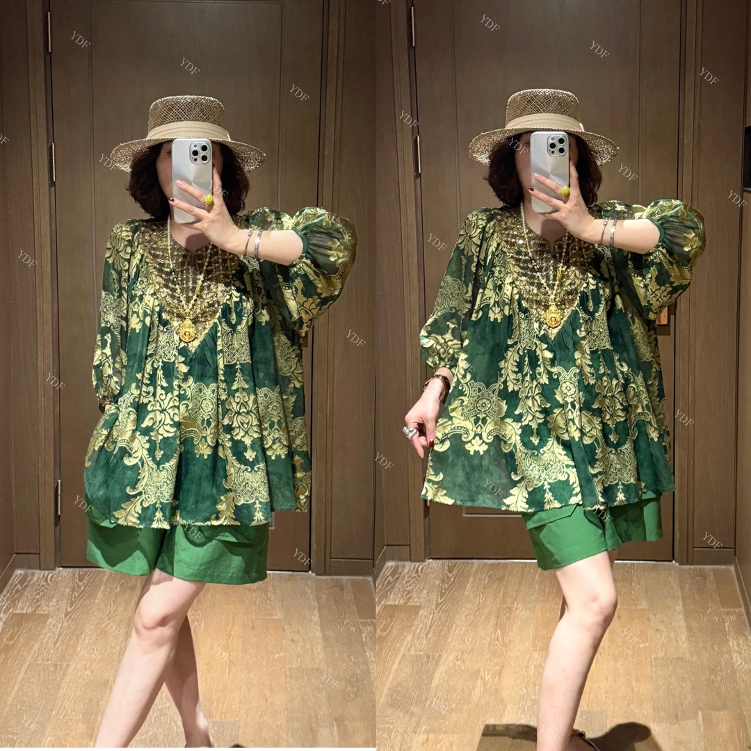 YDFSTUDIO小众【清冷千金】欧货高品重工亮片蕾丝拼接上衣+短裤套装