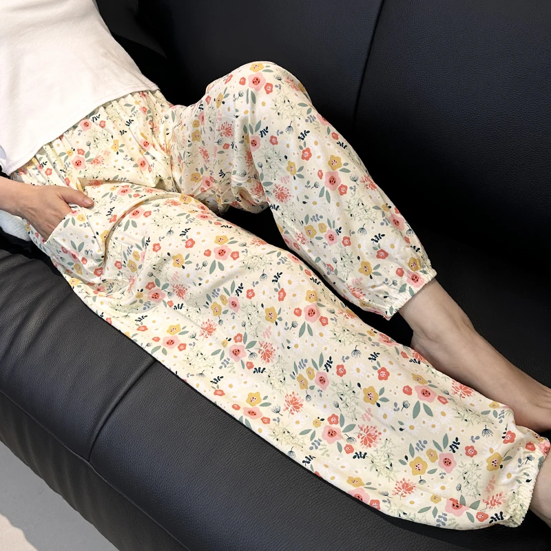 春夏款棉绸睡裤女士夏季大码人造棉绸沙滩防蚊女家居服束脚长裤子