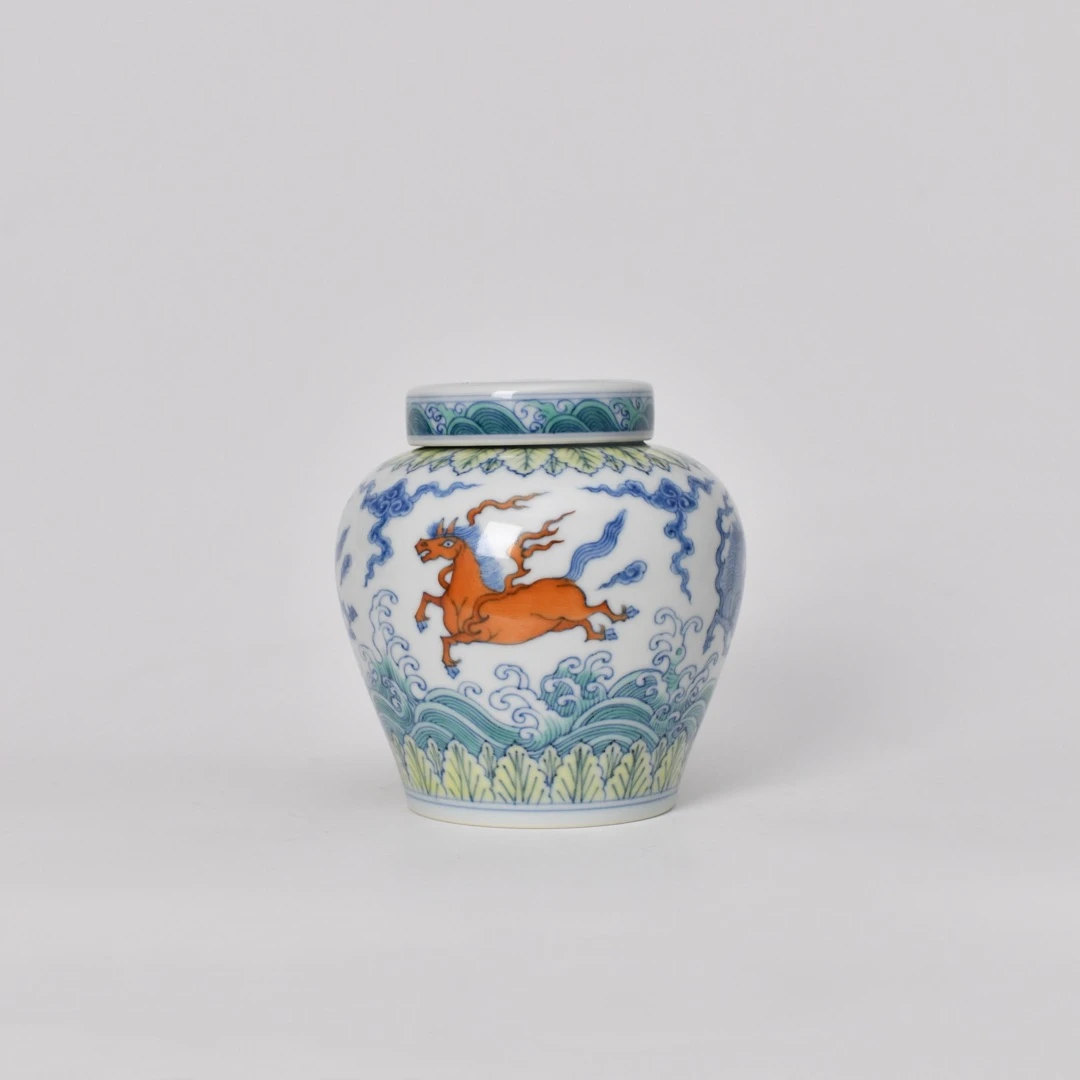 景德镇无尘格古斗彩海兽天字罐（海飞马）纯手工仿古陶瓷茶叶罐