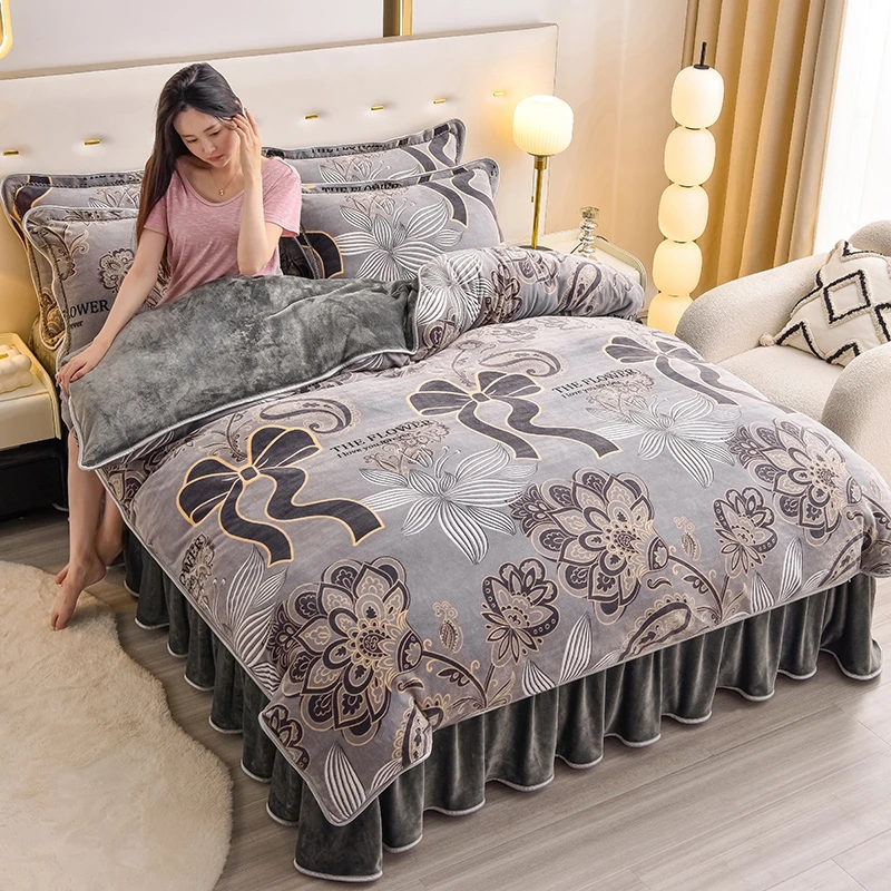 加厚冬季牛奶绒四件套保暖加绒双面被套法兰绒三件套裙款床上用品