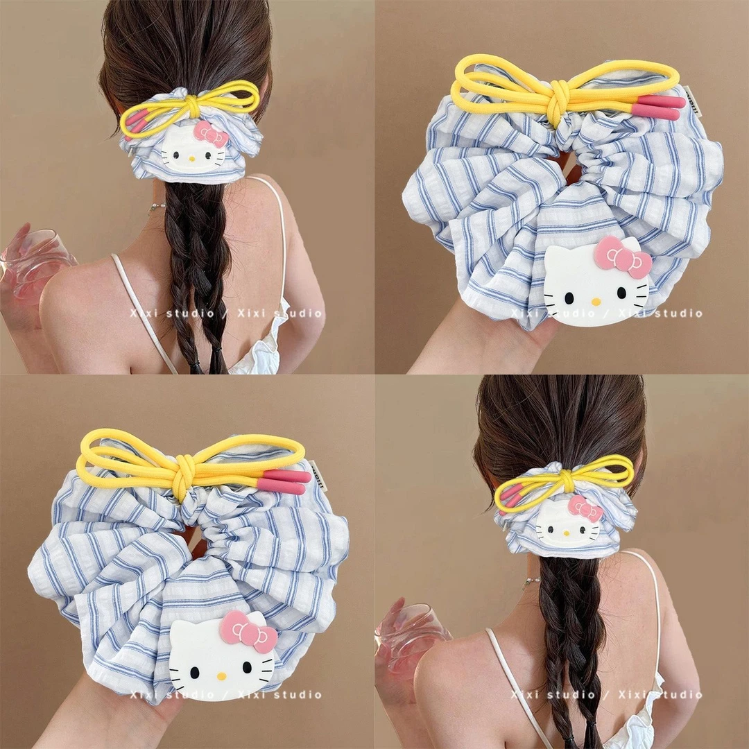 【发财花】韩系KT猫咪蝴蝶结大肠圈蓝条纹大号发圈头绳丸子头皮筋