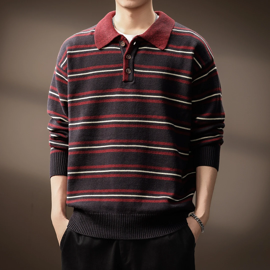 高端美式复古老钱风条纹毛衣男秋冬潮流宽松慵懒风Polo领针织衫男