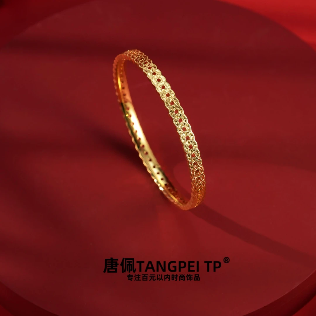 铜合金手镯 设计感碎碎冰铜钱闭口手镯亮闪闪镯子时尚饰品