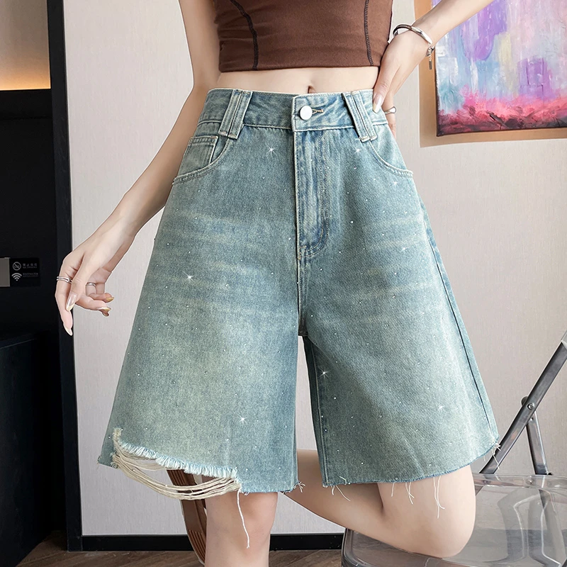 复古烫钻五分牛仔短裤女2025夏季超火显瘦小个子毛边闪钻5分中裤