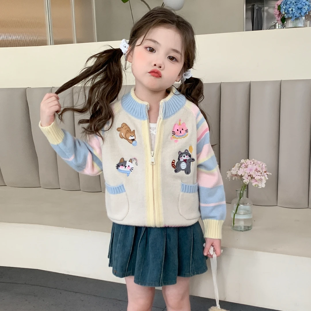 女童外套春秋款2025新款儿童洋气时髦卡通毛衣开衫女宝宝秋季上衣